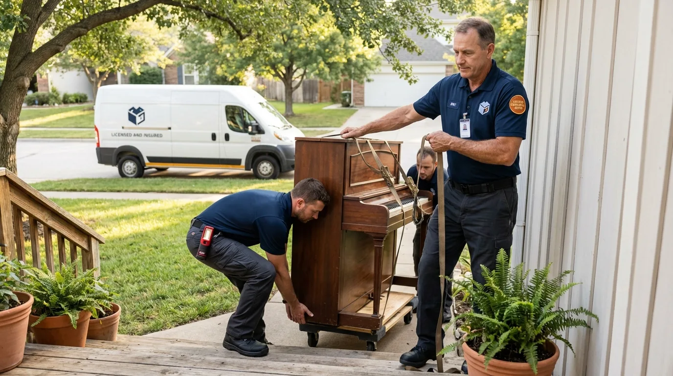 Licensed piano movers securing grand piano in Homer, MI