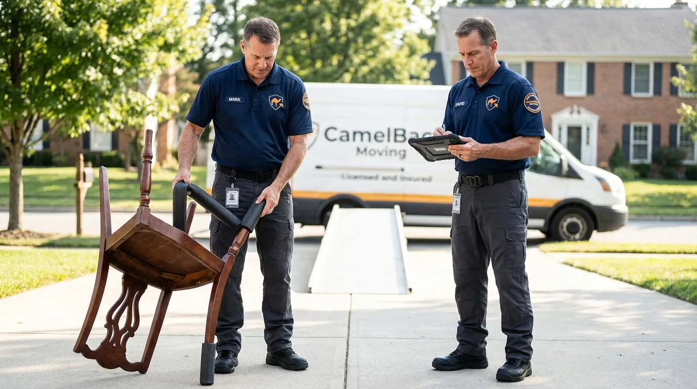 Movers inspecting furniture for damage prevention before loading in Homer, MI