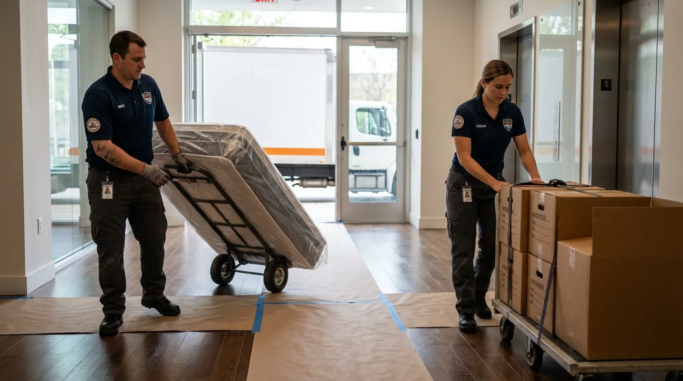 Professional apartment movers loading elevator in Homer, MI